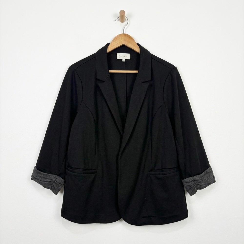 Skies Are Blue Womens 2X Black Open Front Blazer Contrast Ruched Sleeve‎ Jacket